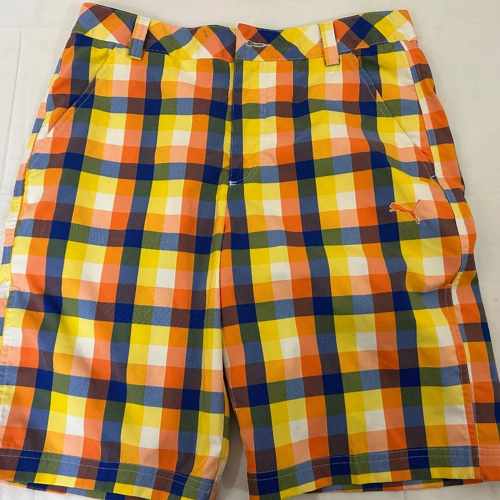 PUMA Sz 30 Waist Mens Flat Front‎ Yellow/Orange/Blue Plaid Golf Casual Shorts